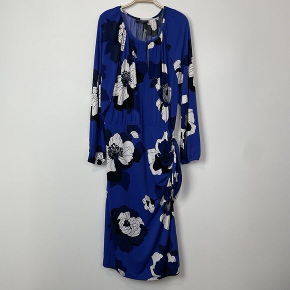 Lane Bryant Key Hole Neck Floral‎ Faux Wrap Tie Midi Dress Blue Black Size 22/24 - Picture 3 of 15